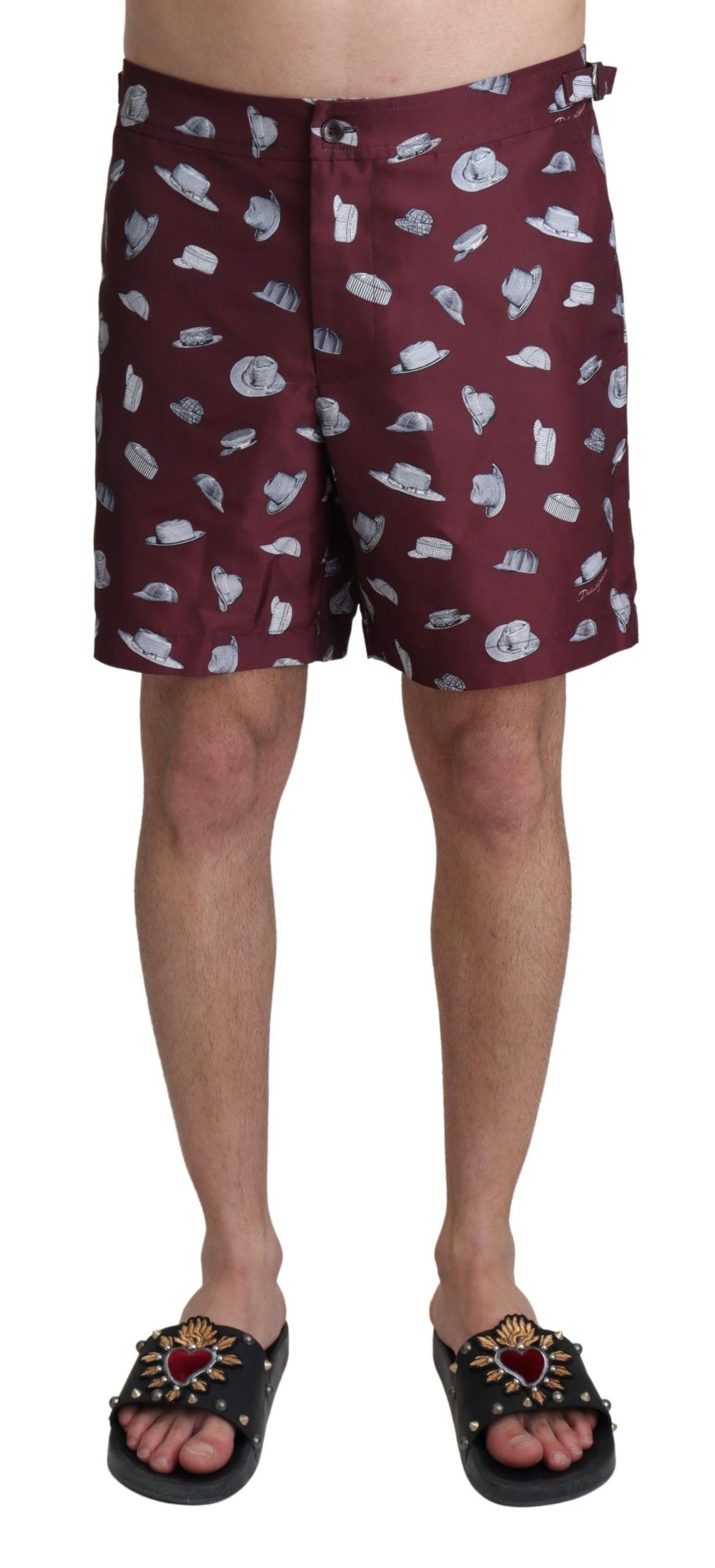 Hats-Print Polyester Swim Shorts — Maroon