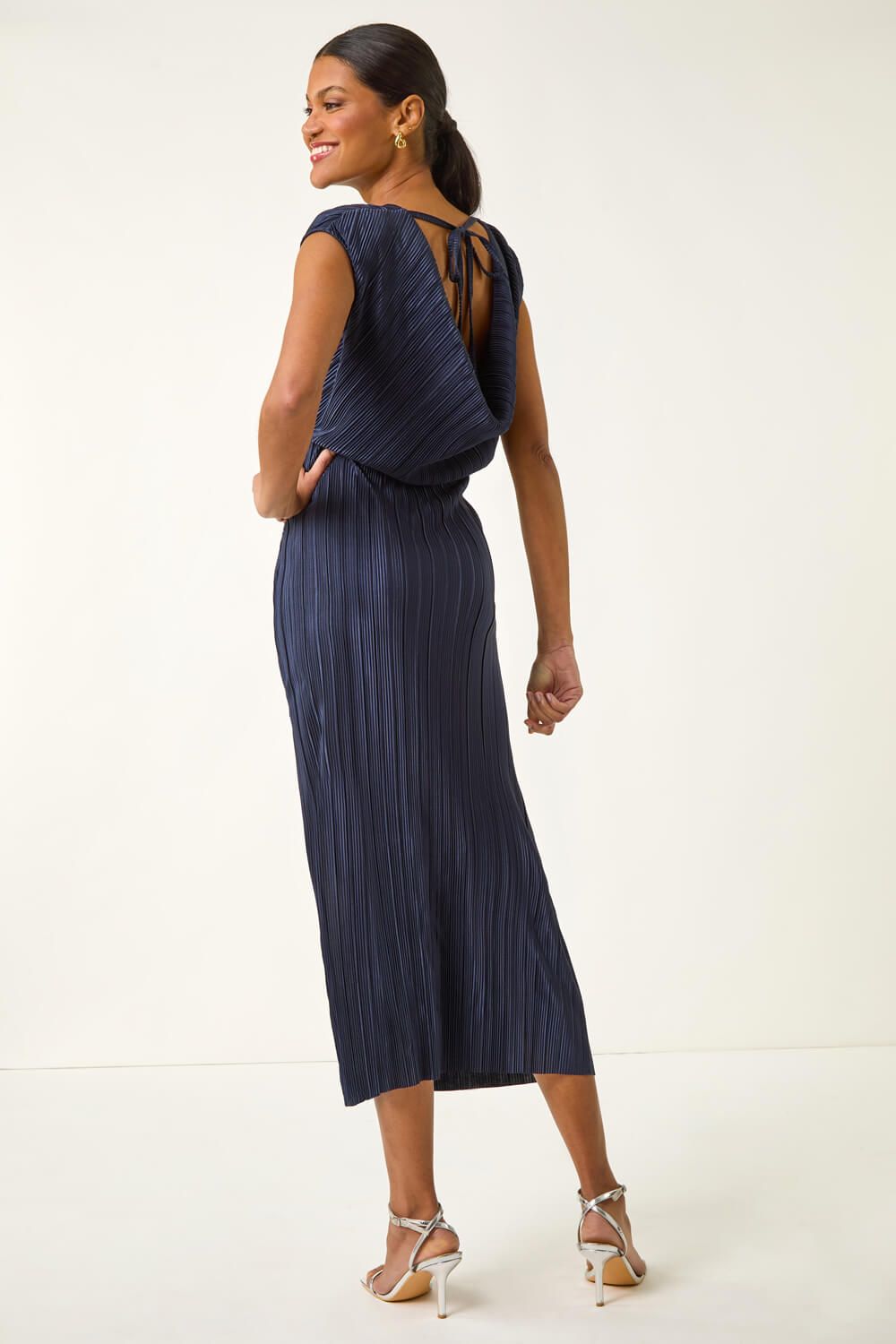 Roman Women's Plisse Cowl Back Midi Dress in Navy