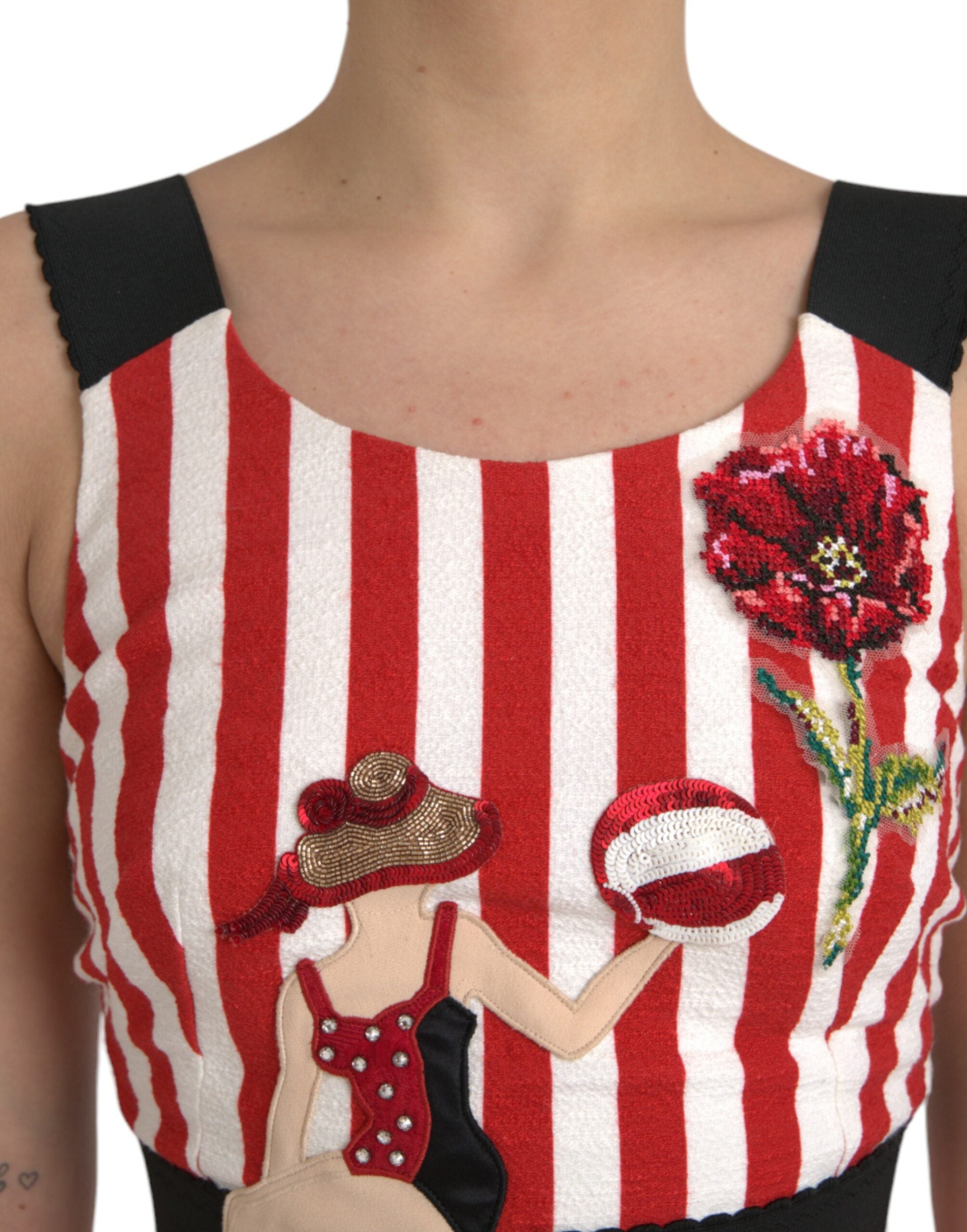 Floral-Embroidered Striped Dress — Red