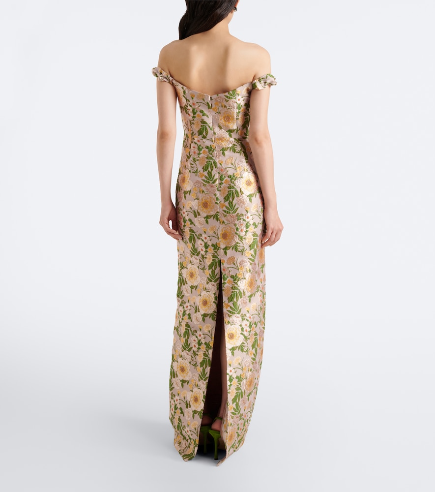 Off-shoulder floral brocade gown
