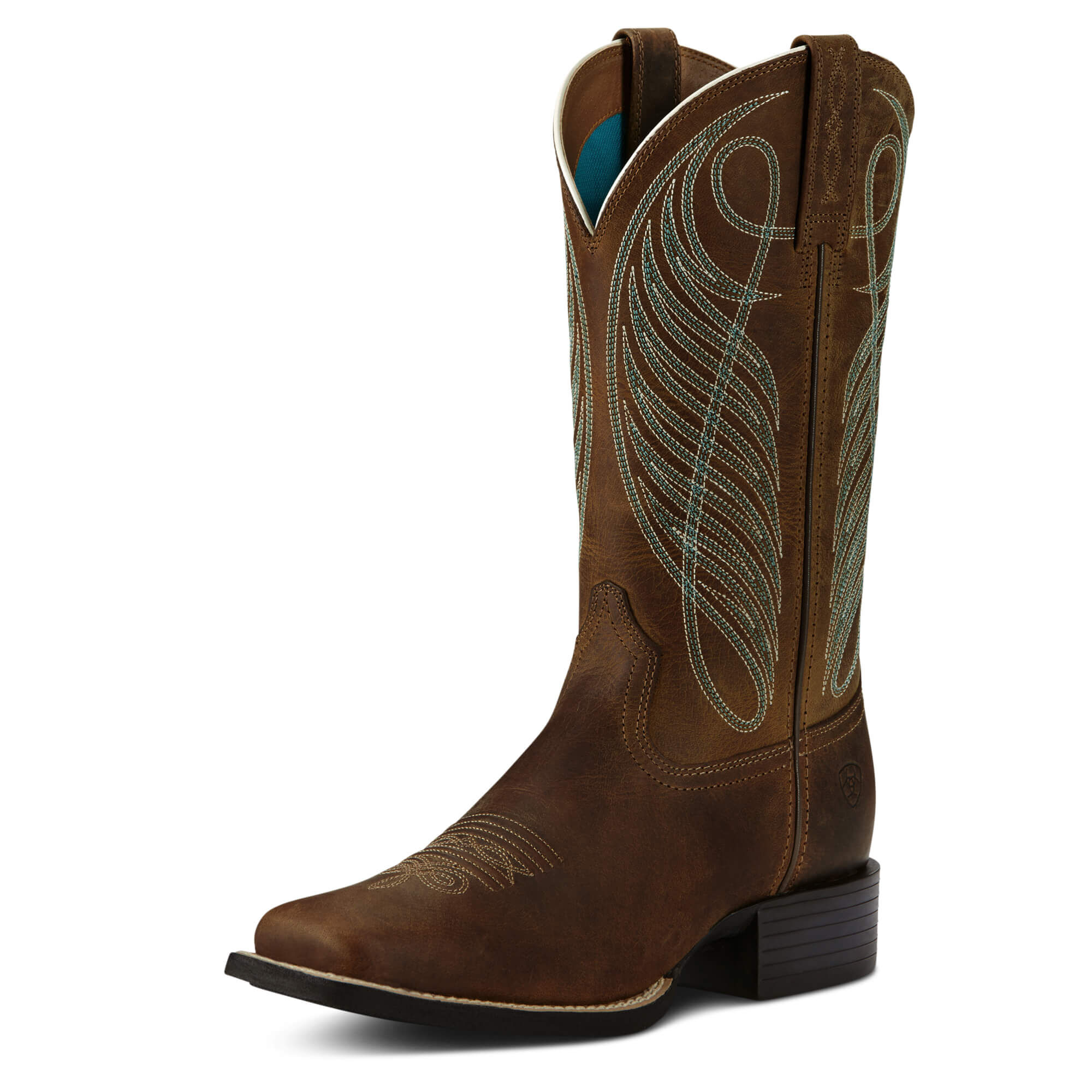 Women's Round Up Wide Square Toe Western Boots in Powder Brown Leather, B Medium Width