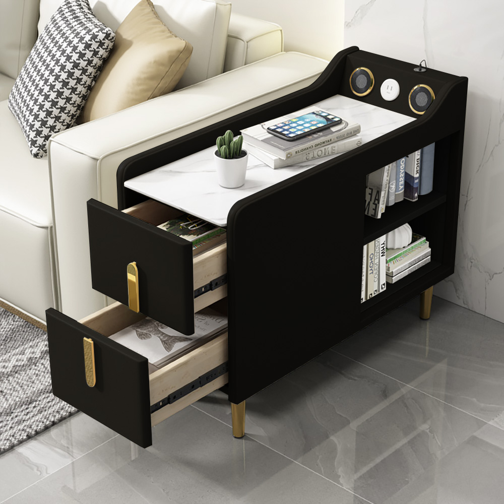 Mesa auxiliar estrecha, moderna, multifuncional, con parte superior de piedra sinterizada, altavoz y puerto USB