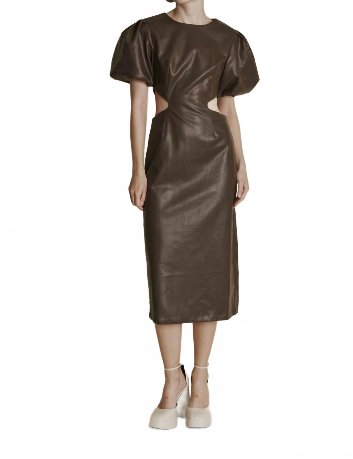 Vegan Leather Cut Out Midi Dress In Brown