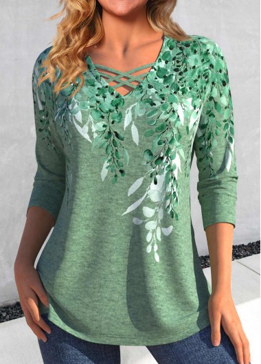 Modlily Green Criss Cross Plants Print T Shirt