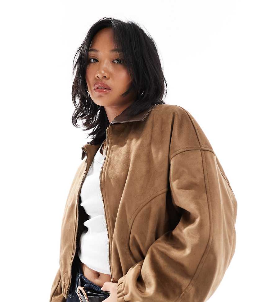 ASOS DESIGN Petite faux suede bomber jacket in mocha-Brown