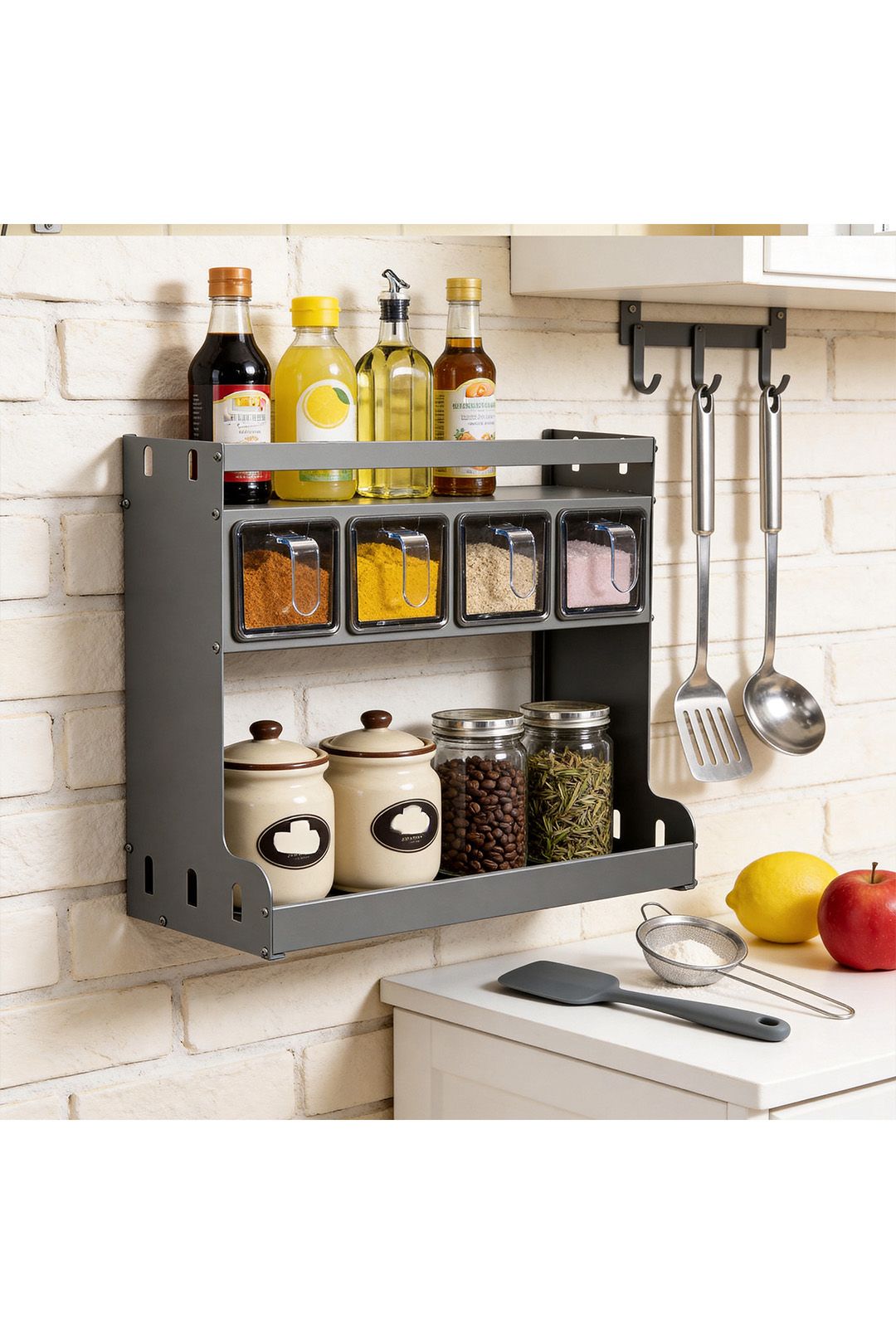 Living And Home 3-Tier Kitchen Spice Rack With 4 Seasoning Boxes In Grey