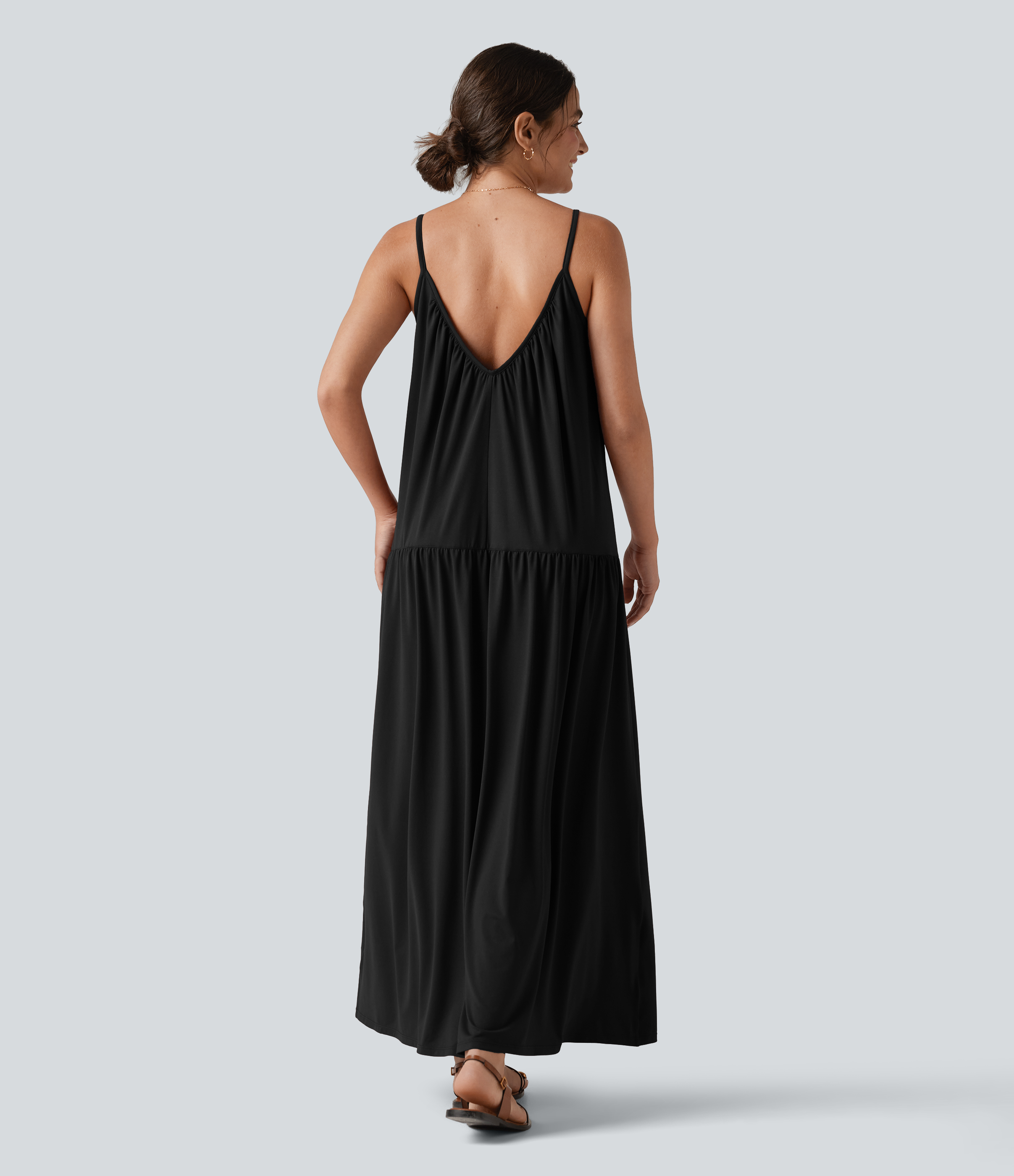 V-neck Split Hem Maxi Flowy Resort Slip Dress Casual Dress - Black