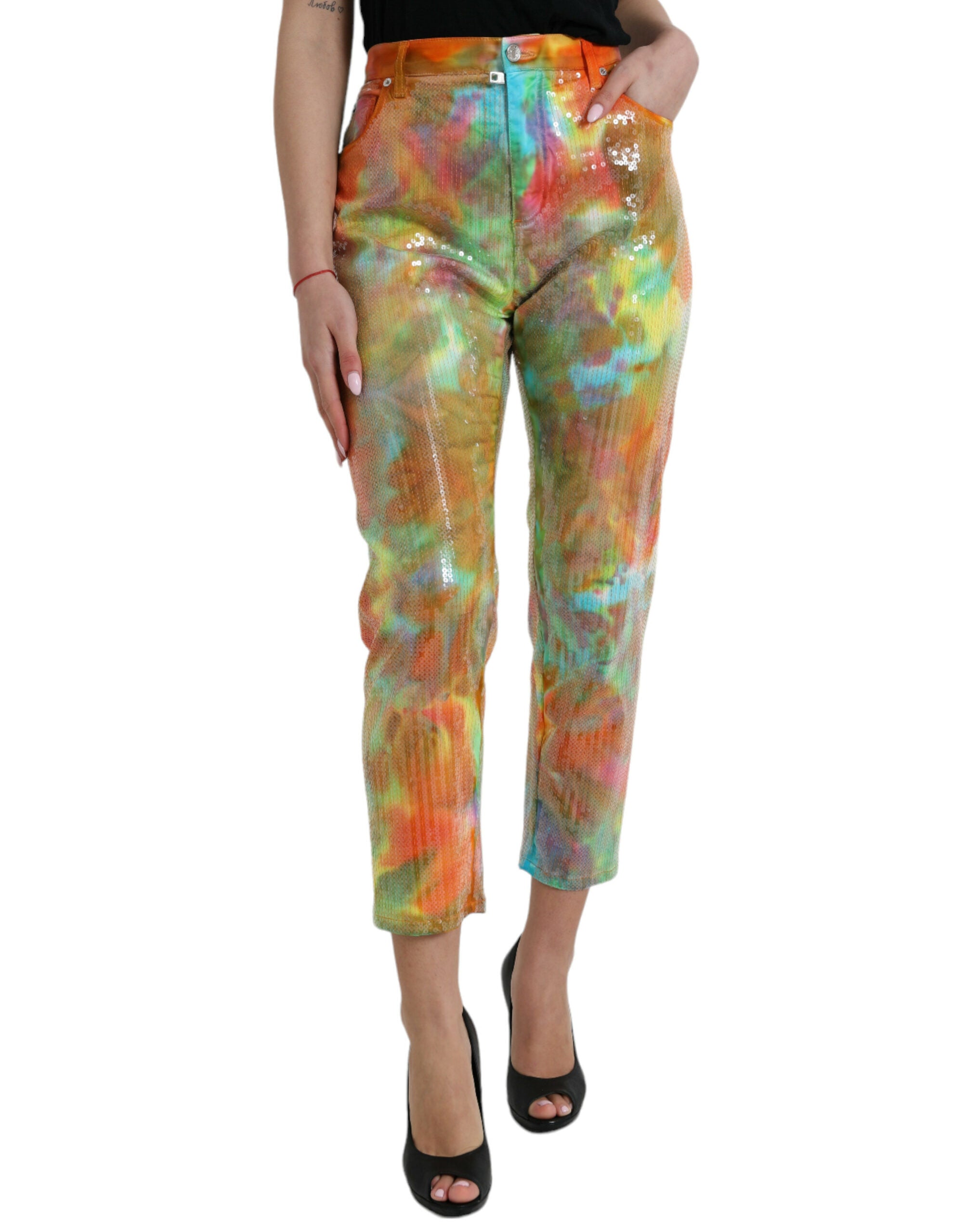 Tie-Dye Sequined Cropped Pants — Multicolor