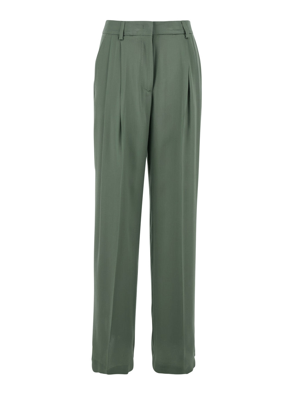 Front-Pleated Silk-Blend Trousers — Green