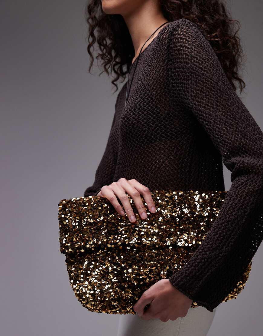 Georgia folded clutch grab sequin bag in gold
