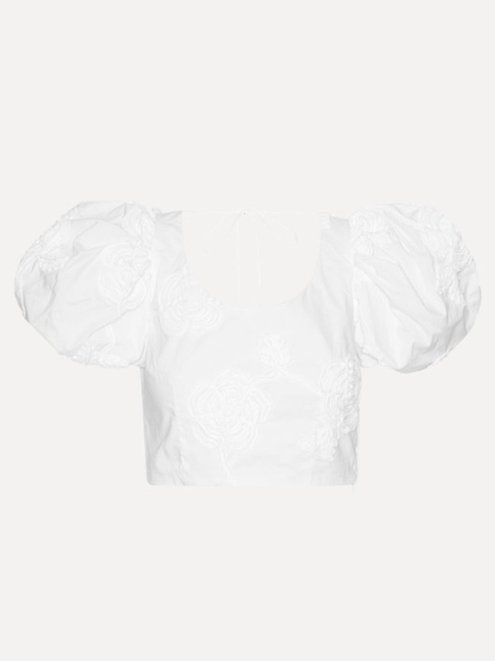 Puff Sleeve Cotton Top with Embroidered Flowers and Lace-Back Closure