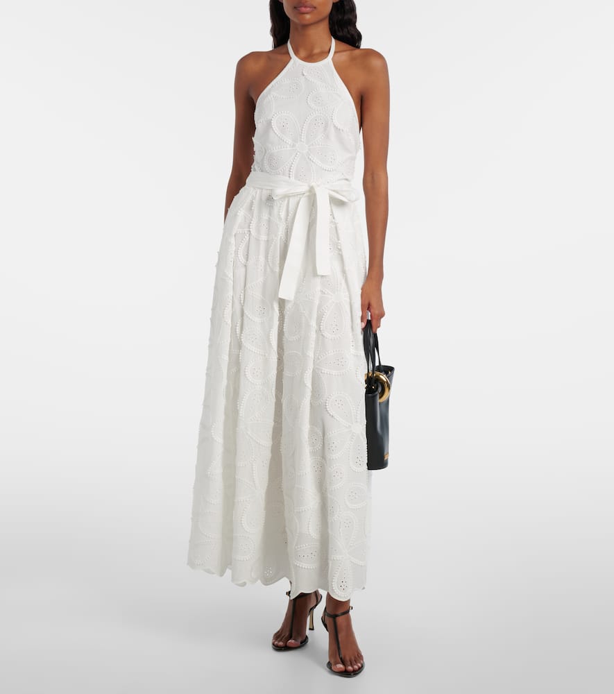 Embroidered belted cotton-blend midi dress