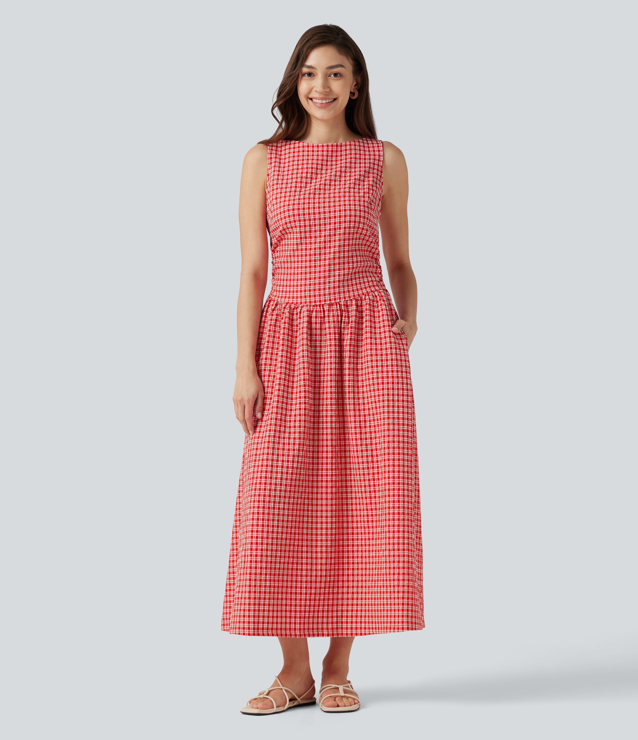 Boat Neck Sleeveless Gingham Midi Casual Dress with Pockets Casual Dress - Cherry Crush
