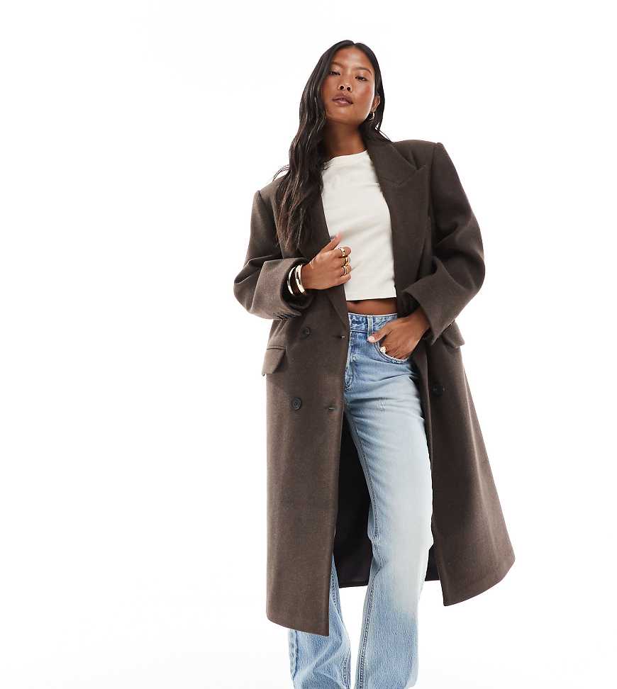 ASOS DESIGN Petite oversized dad coat in heathered chocolate-Green