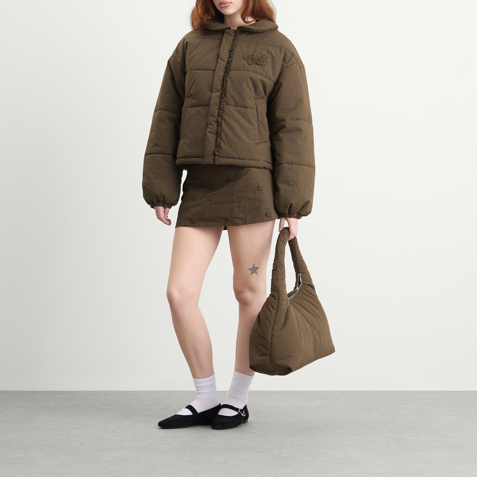 Women's Rosette Puffer Jacket in Ivy Check