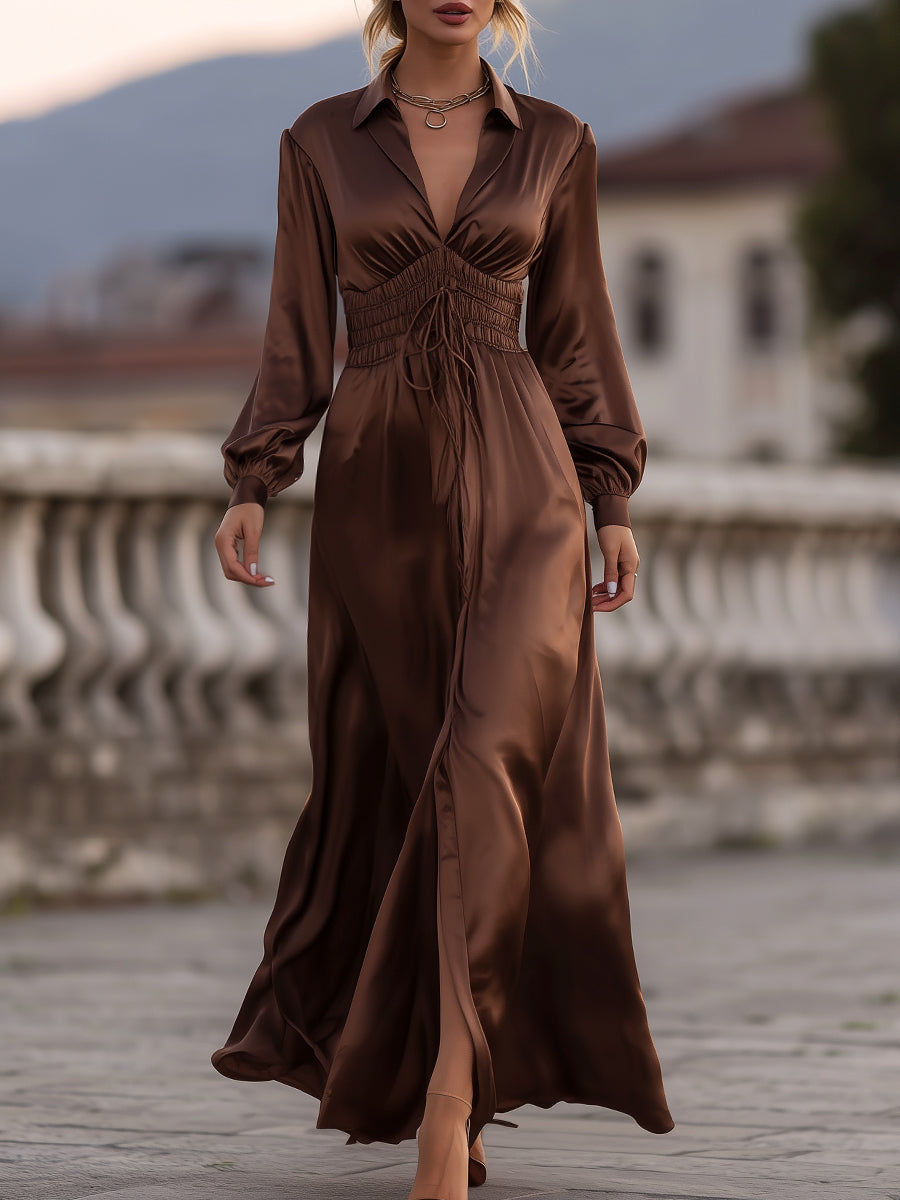 Mooyius Satin Cinched Waist Maxi Dress In Mocha Brown - Brown