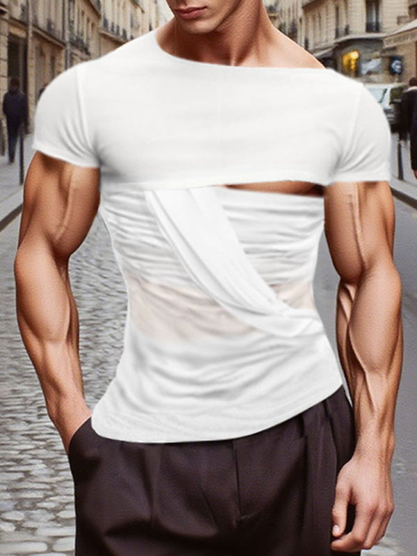 Men's Sheer Mesh Patchwork Hollow Sleeveless T-Shirt SKUL15199 - White / S