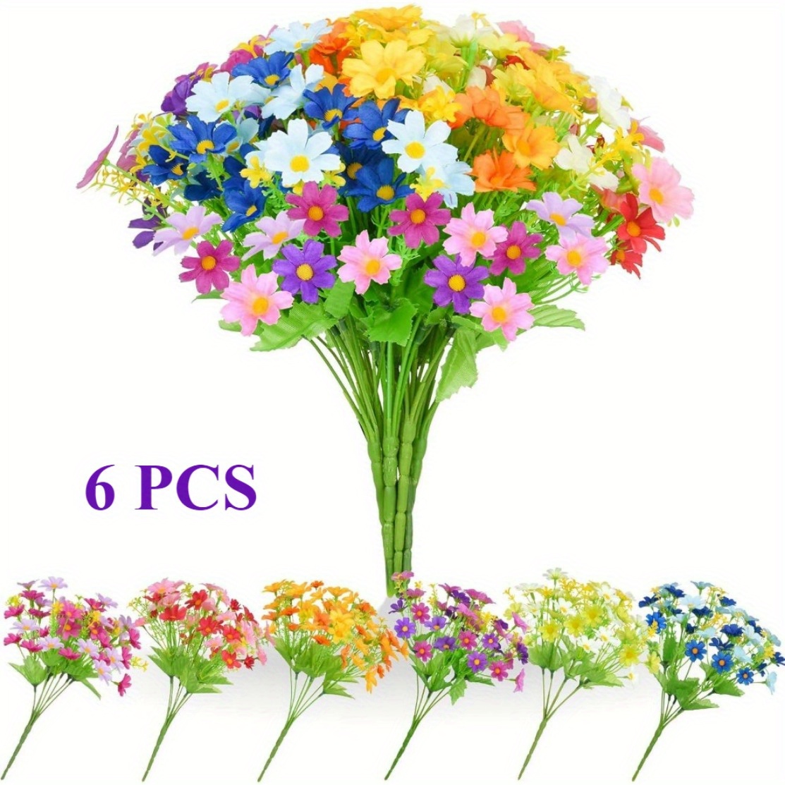TEMU 6 Bundles Vibrant Artificial Daisy Flower Bouquets - Colorful Daisies For Indoor & Outdoor Decor, Home, Garden, Porch, And Yard - Free Shipping