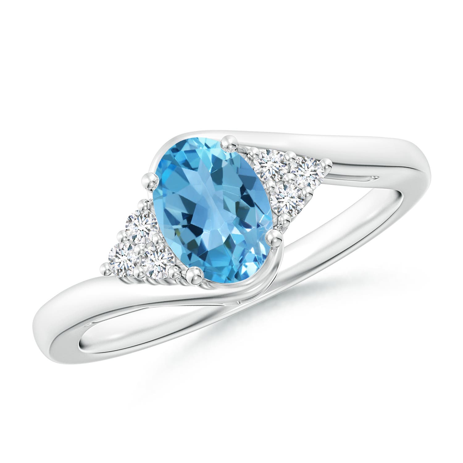 Angara 0.95 Carat Oval Swiss Blue Topaz Bypass Ring with Trio Diamond Accents in Platinum