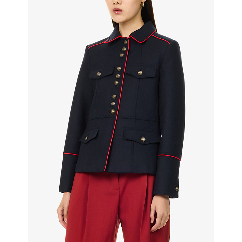 Womens Piped-Trim Wool-Blend Utility Jacket