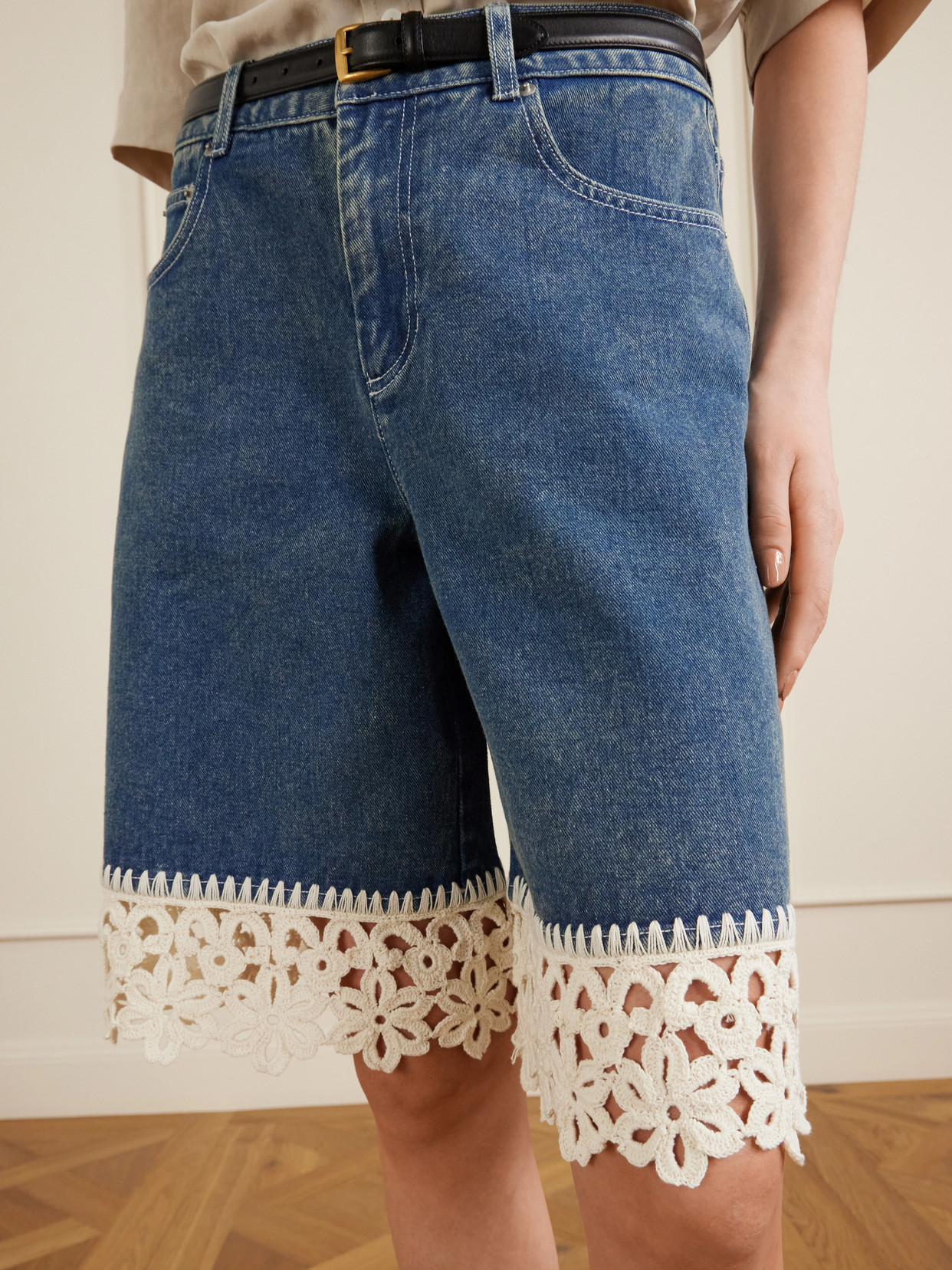Stasia Crochet-knit Denim Shorts - Blue