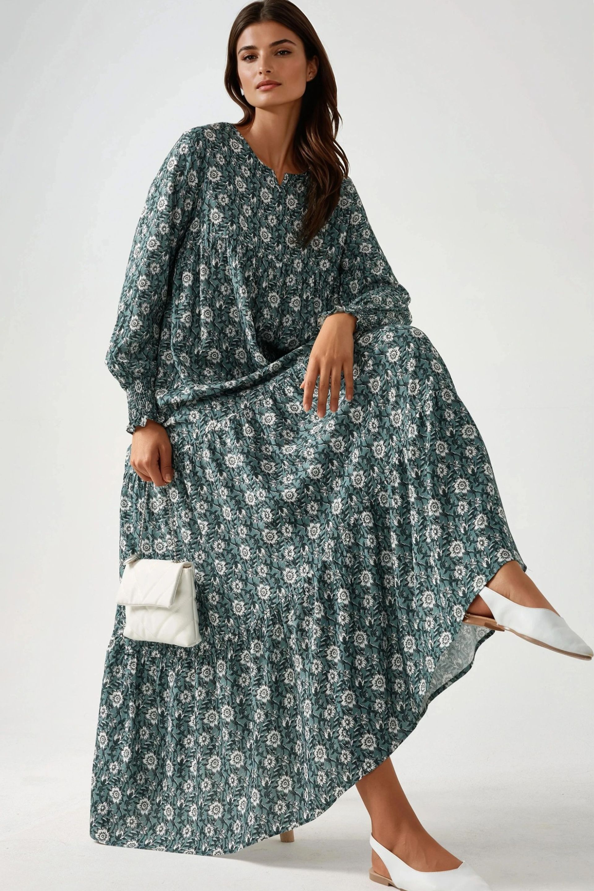 Sage Green Printed Crew Neck Viscose Maxi Dress Women