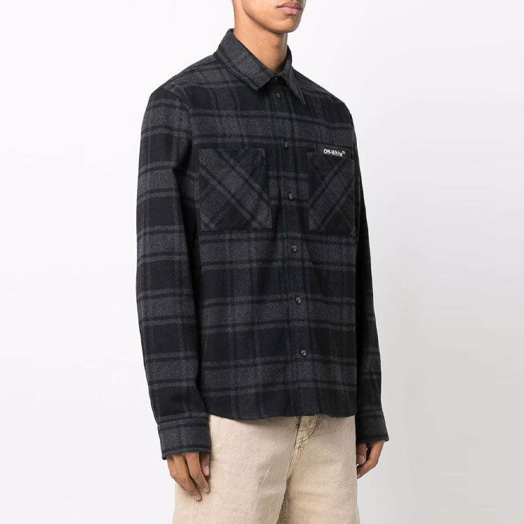 Men's Logo Plaid Flannel Long Sleeves Loose Fit Gray Shirt