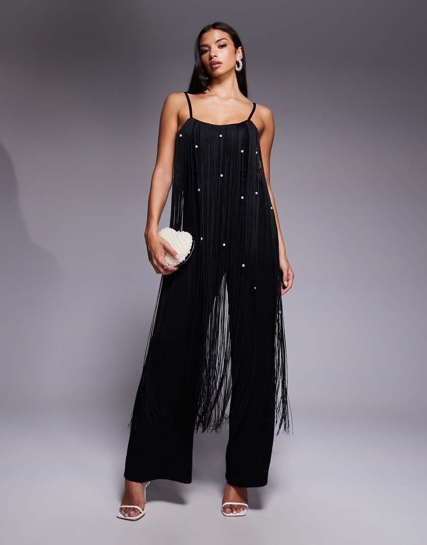 Faux pearl embellished fringe jumpsuit in black
