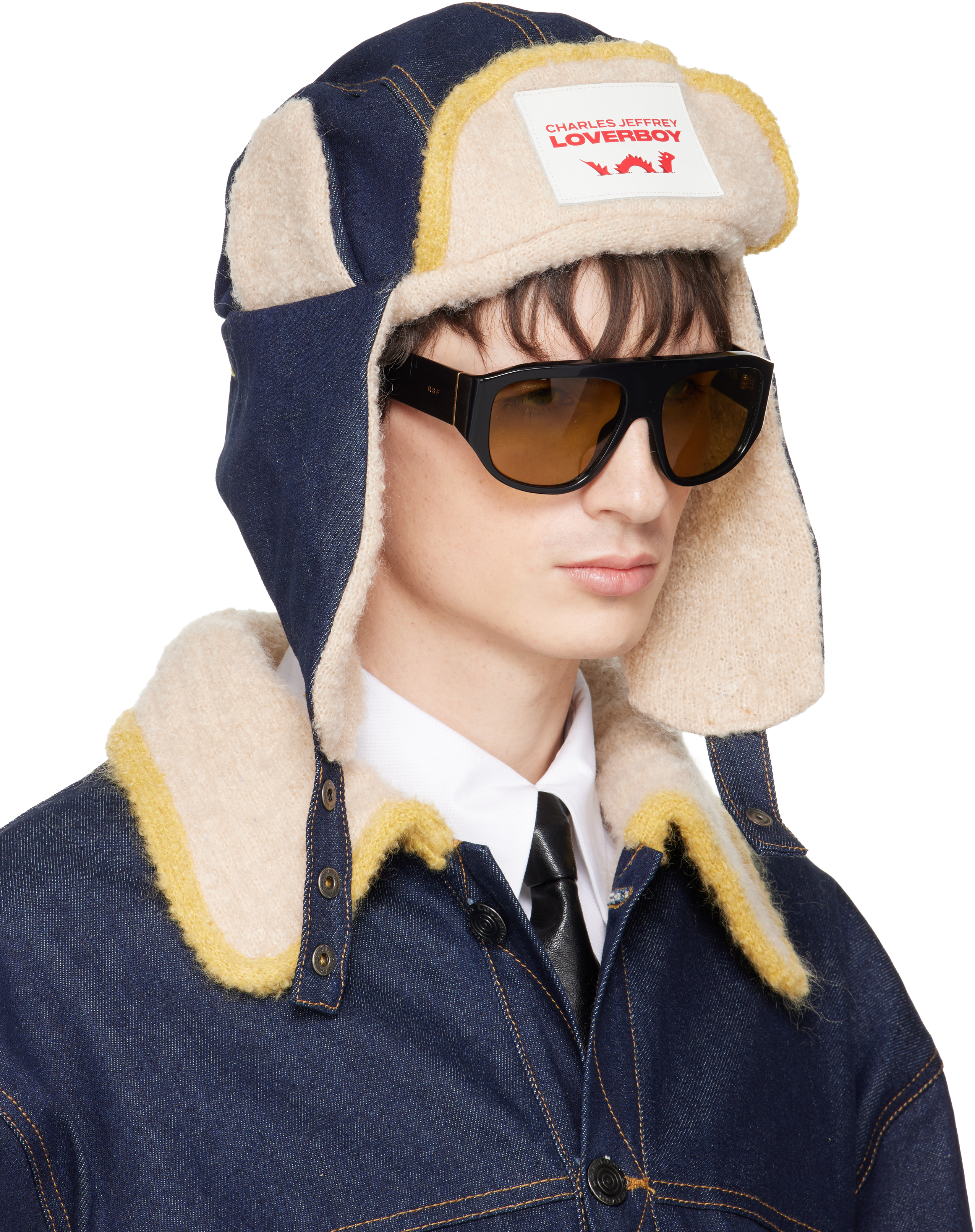 Navy & Beige Knit Patch Trapper Hat