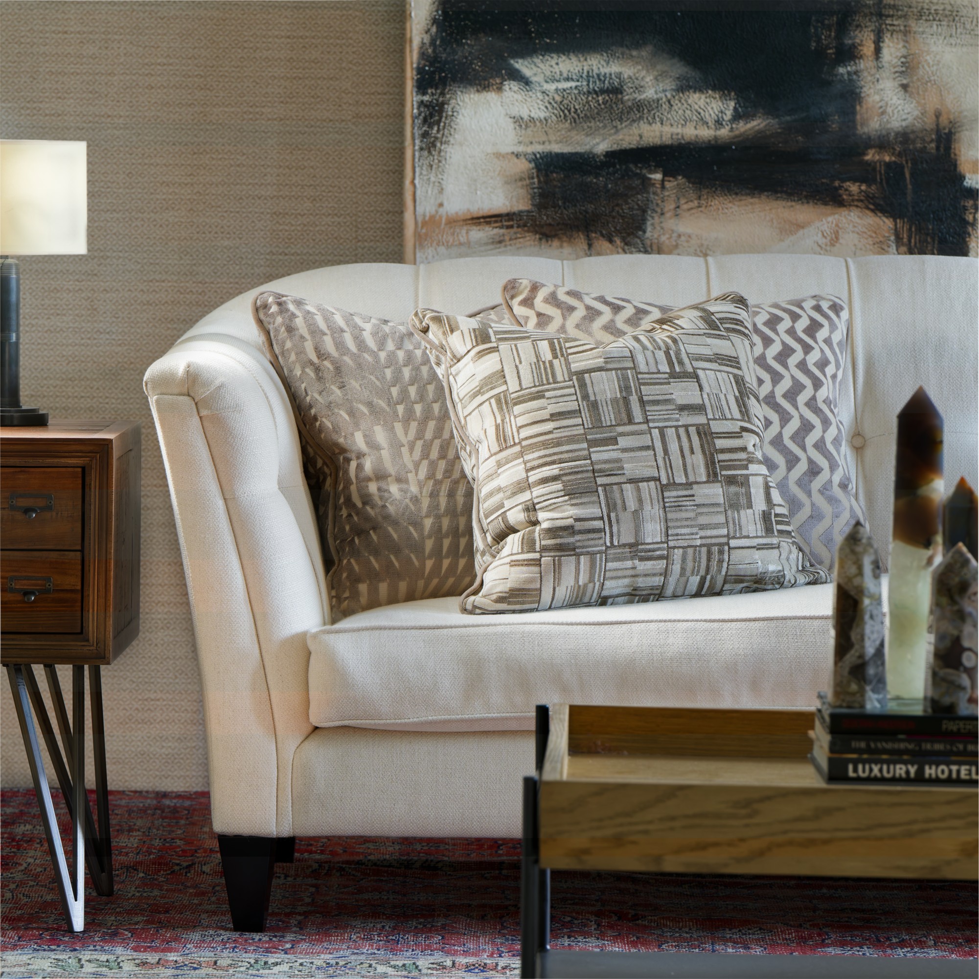 Lexington Taupe, Sustainable Feather, Cushion, 55cm x 55cm - Andrew Martin Velvet Geometric