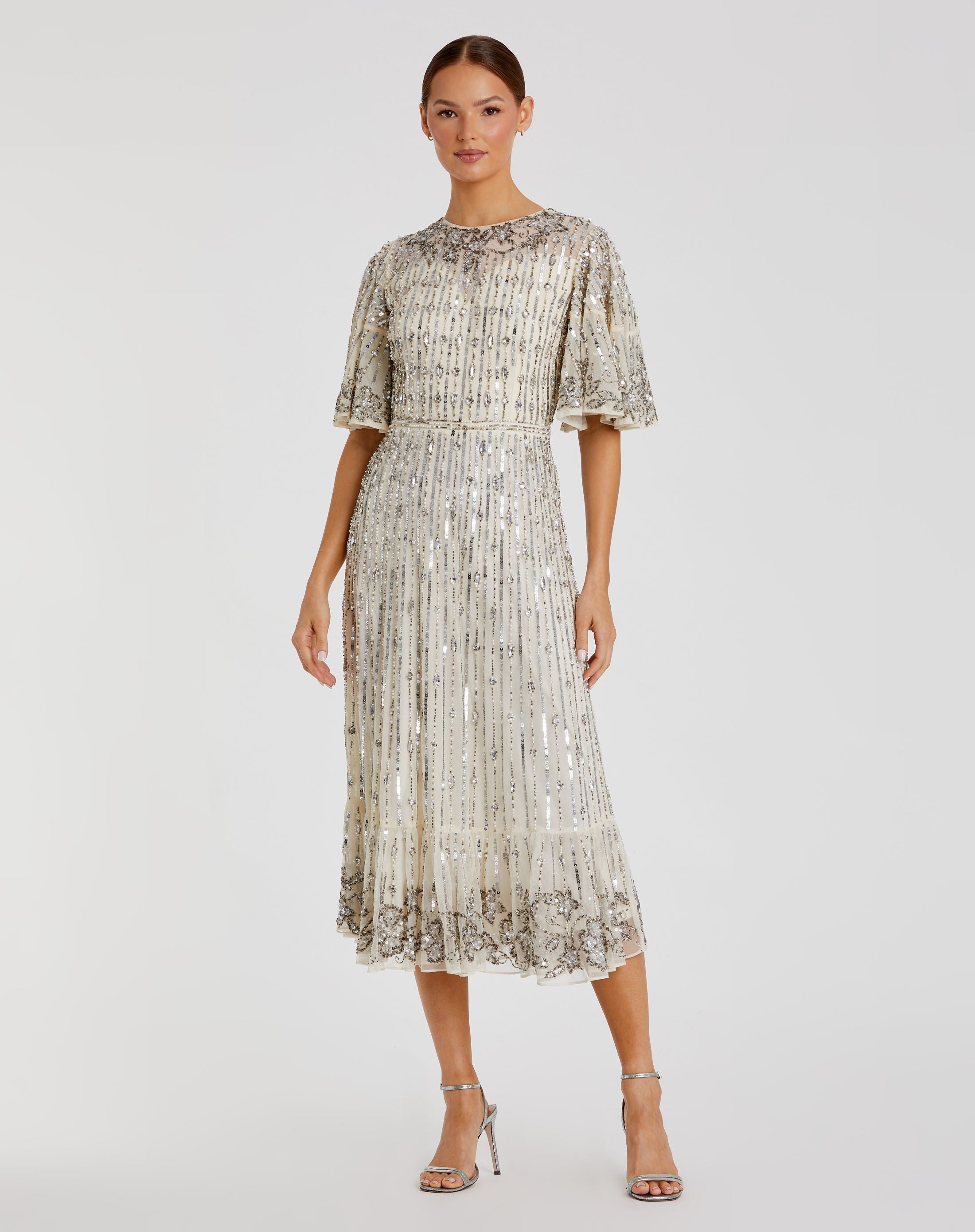 Flounce Sleeve Midi Dress In Sand Silver