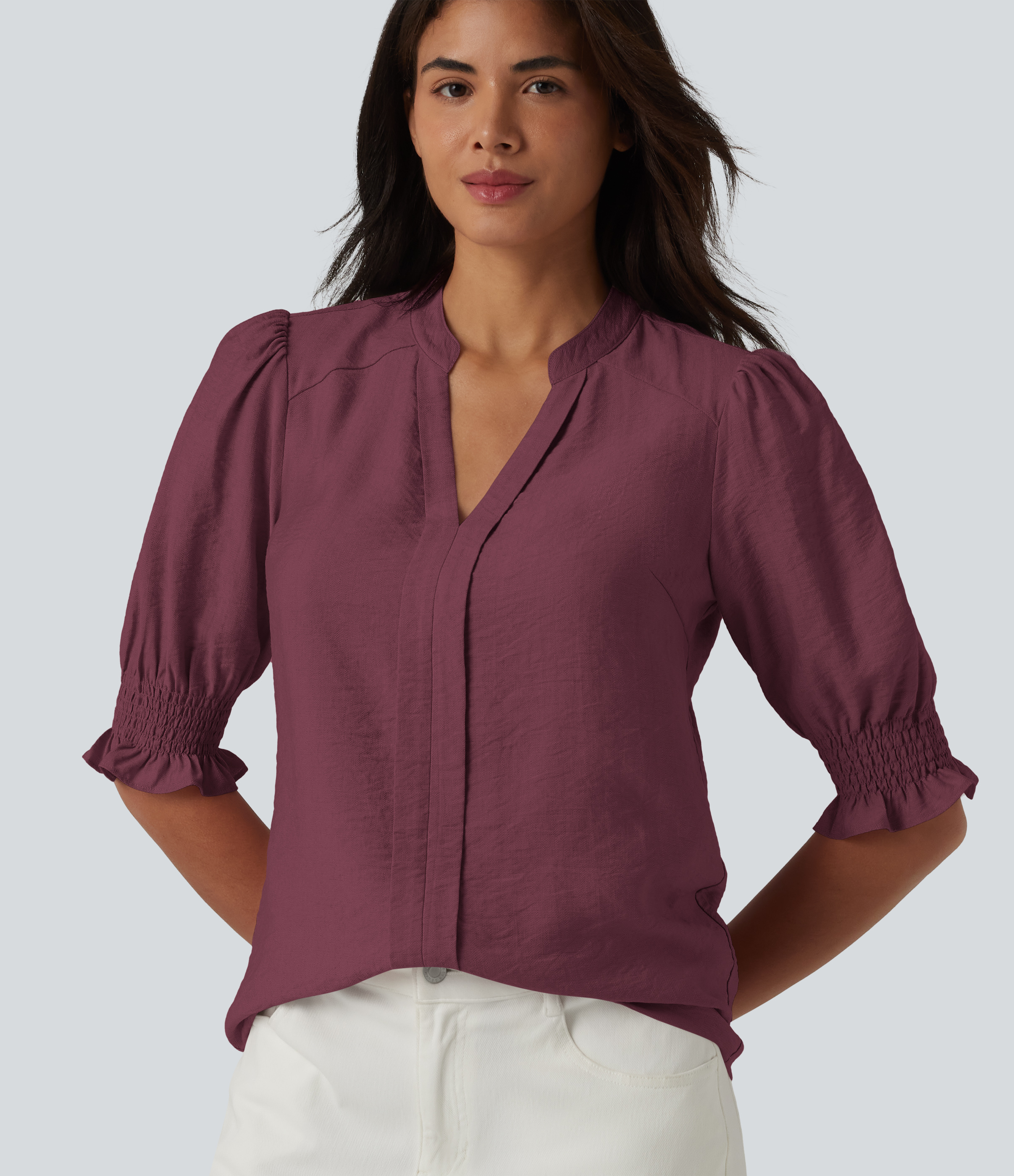 V Neck Puff Short Sleeve Casual Blouse  - Wine Red