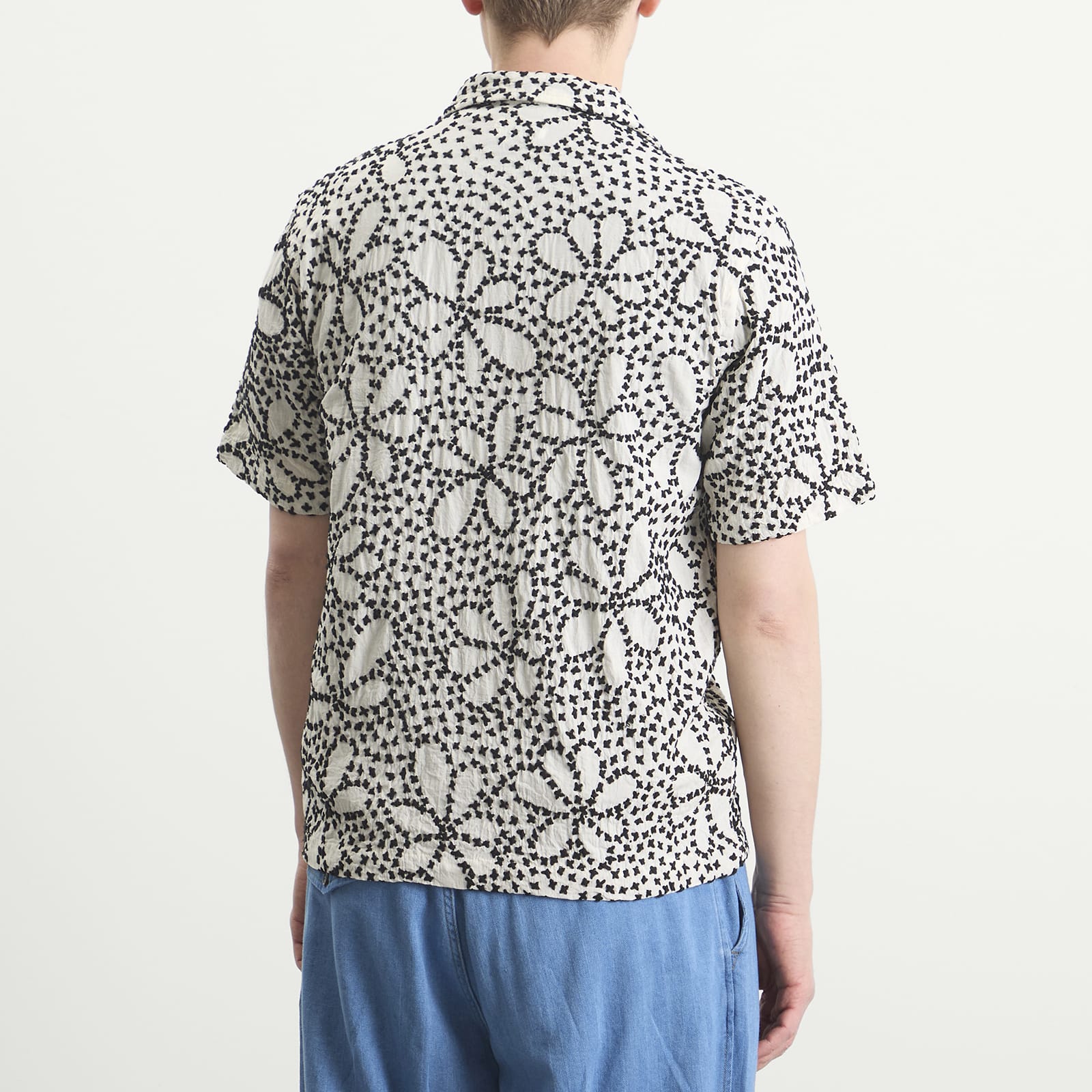 Men's Kantha Flower Road Shirt in Ecru/Black