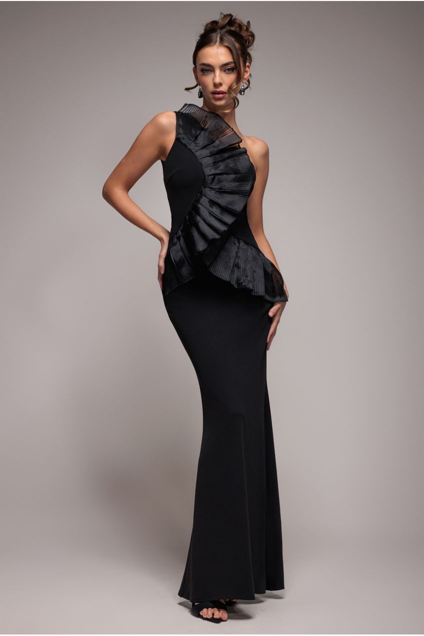 Goddiva Women's One Shoulder Pleated Fan Maxi Dress in Black