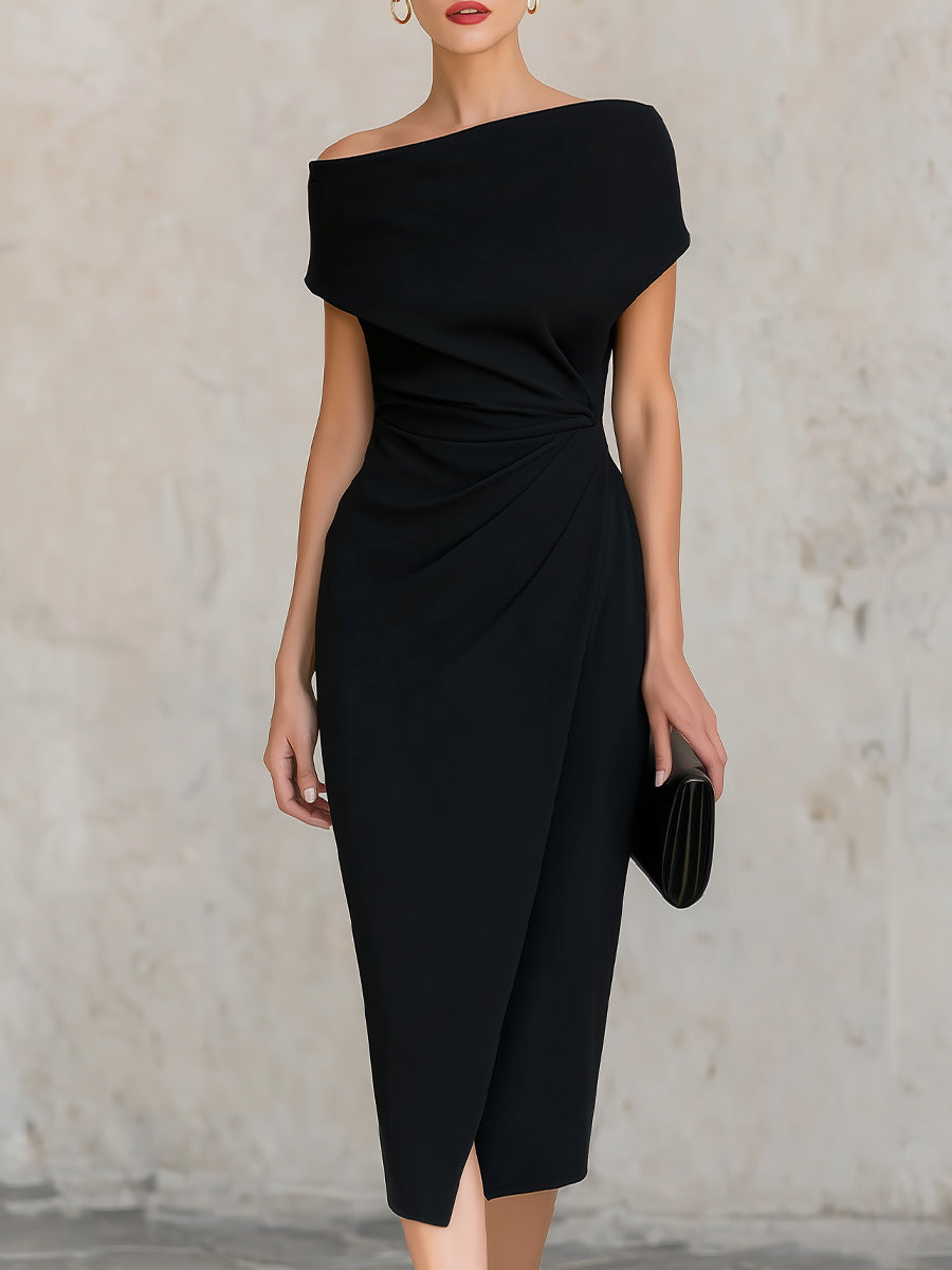 Minimalist Black Asymmetric One-Shoulder Midi Dress - Black