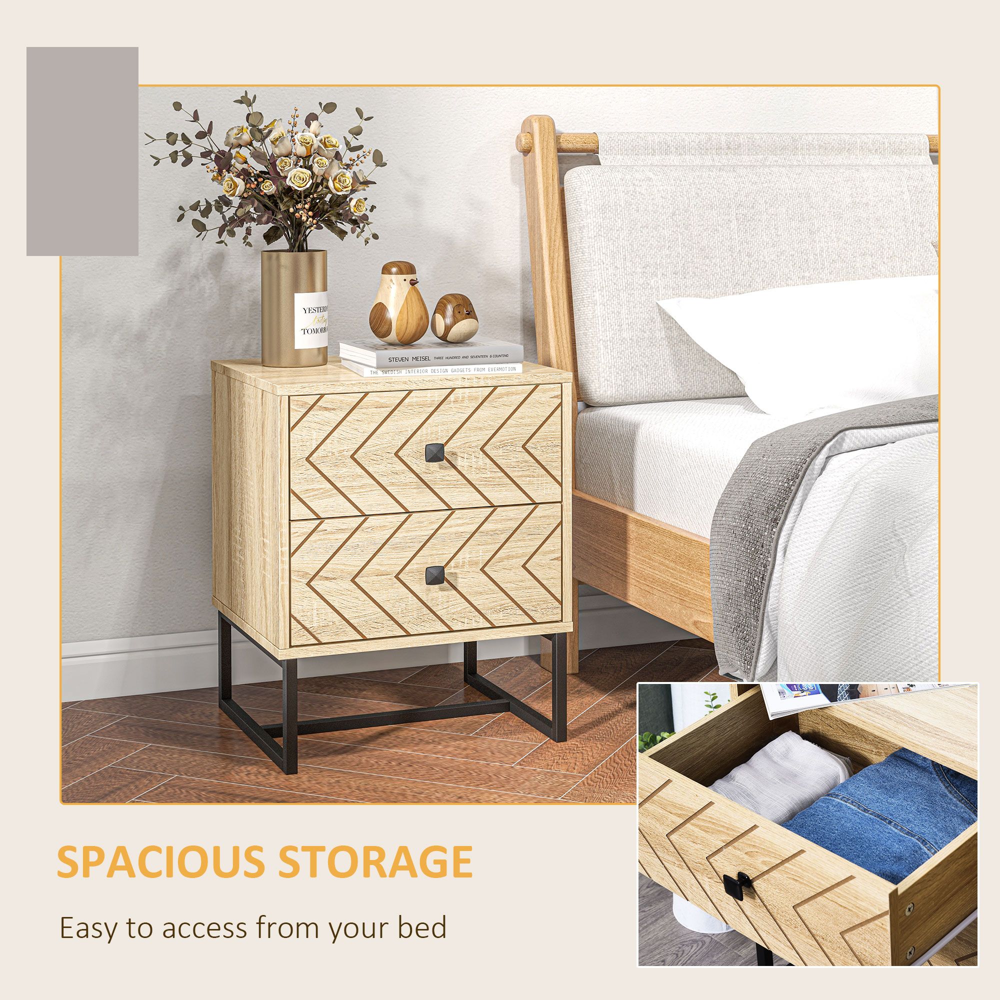 Bedside Table 2 Drawer Unit Nightstand Bedrom Metal Handles Set of 2