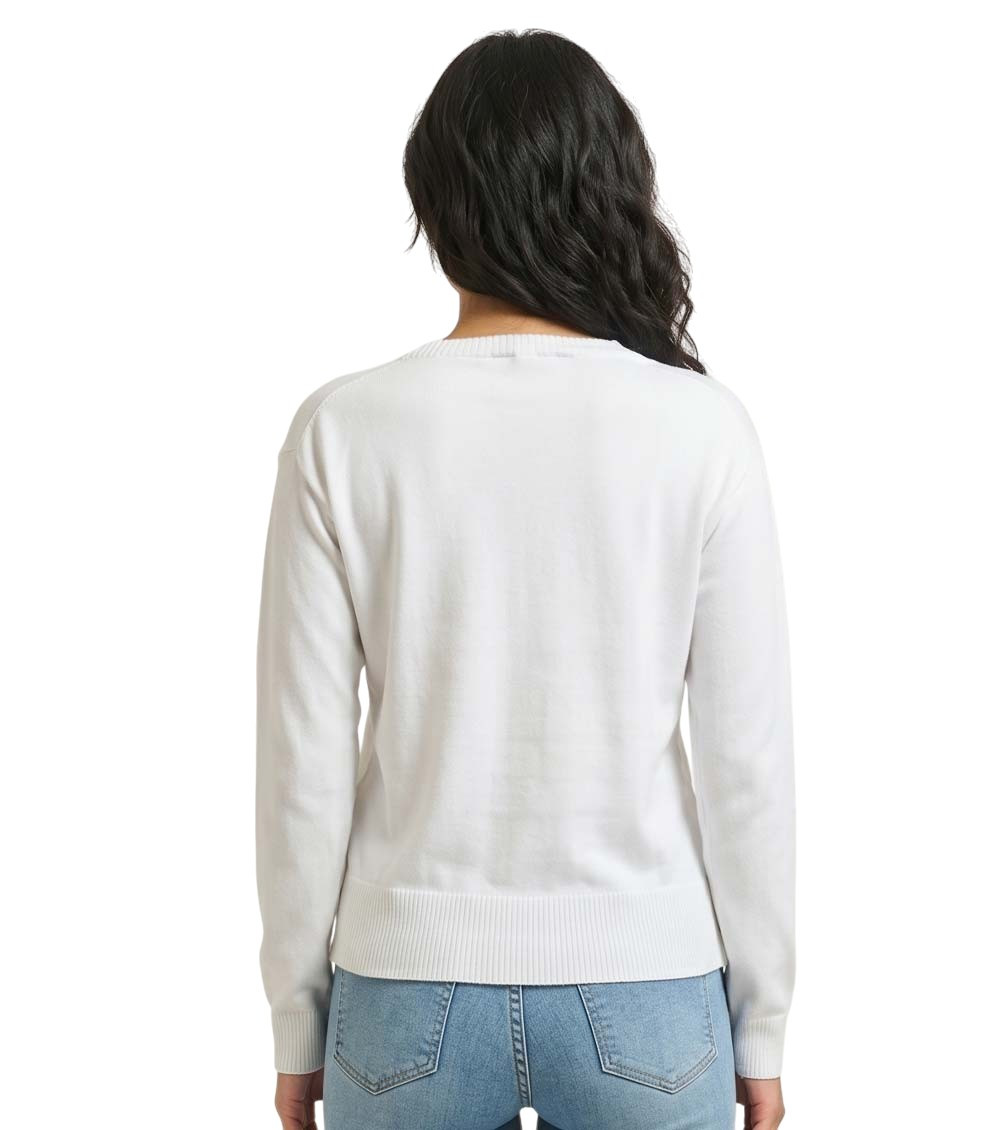 White Solid Crew Neck Sweater