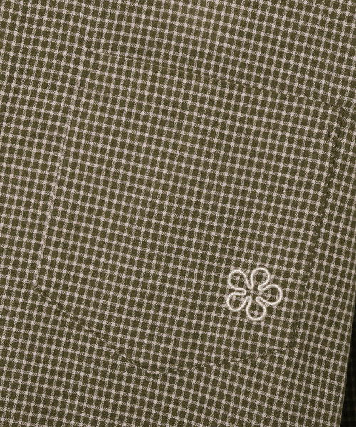 Flower Embroidery Crop Check Shirt_Khaki