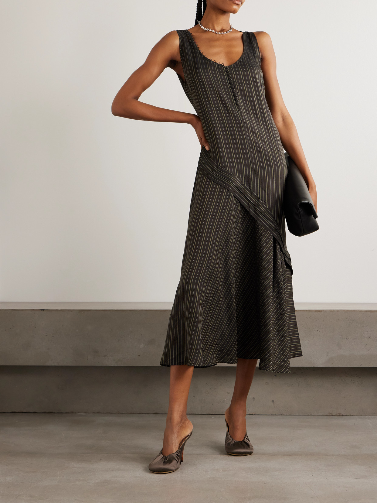 Striped Satin Midi Dress - Brown