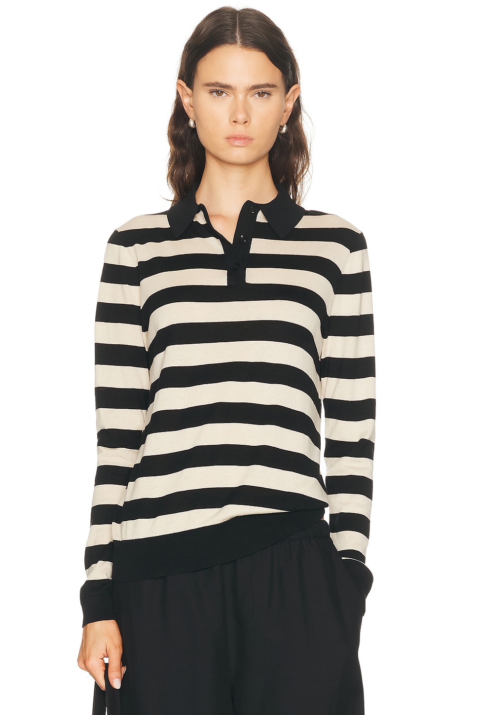 Enza Costa Stripe Silk Knit Polo Sweater in Black & Wheat - Black. L also in