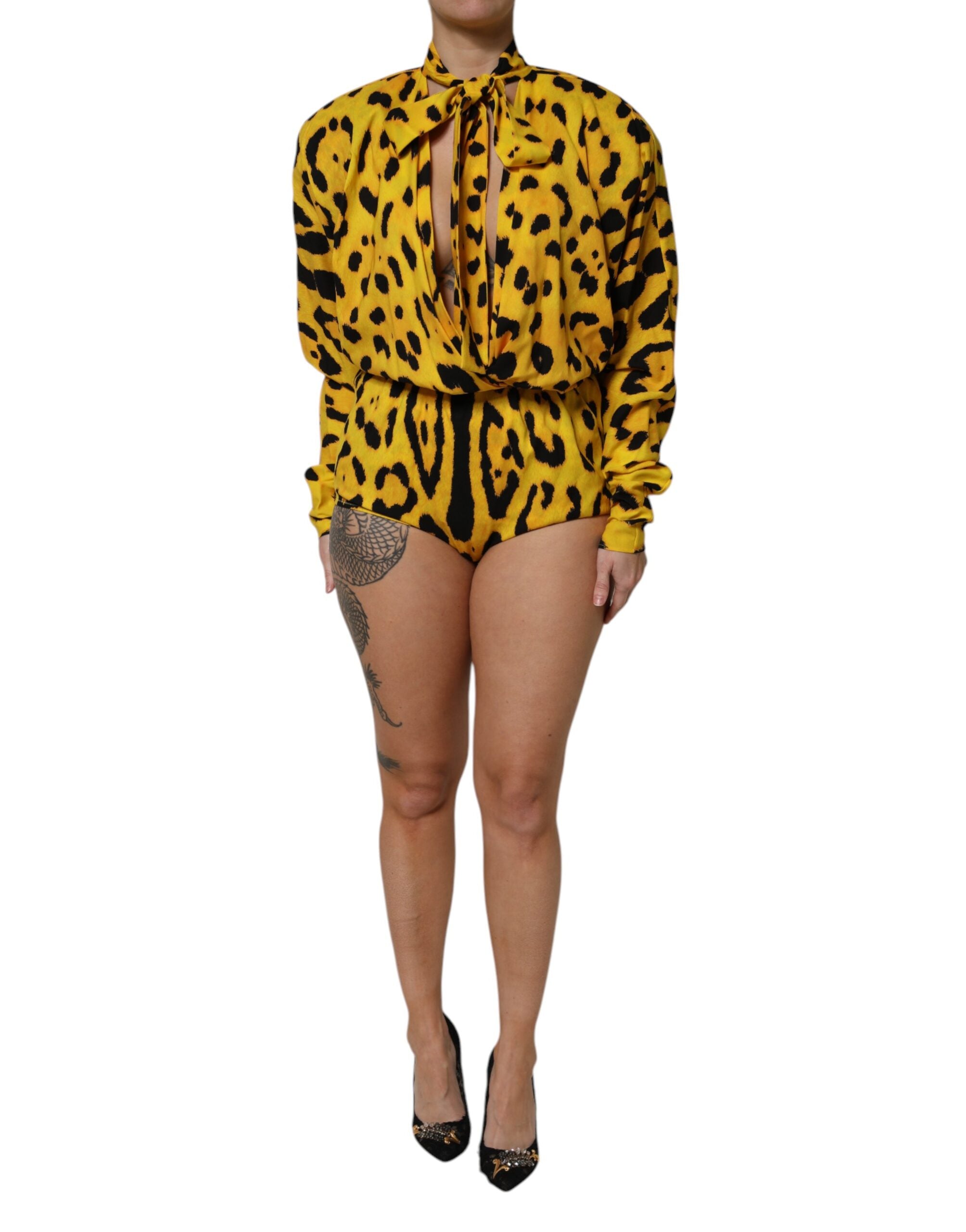 Leopard-Print Silk Bodysuit — Yellow