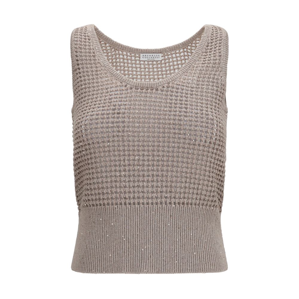 Perforated Sequin Cotton Tank Top — Beige