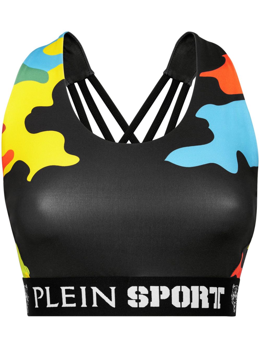 Camouflage-print crossover-strap sports bra - White