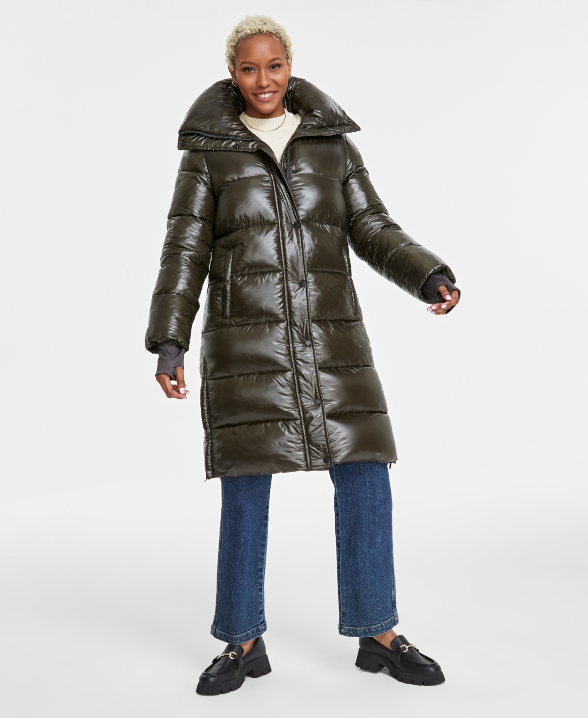 Women's Hooded Collared Puffer Coat - Shiny Dark Olive