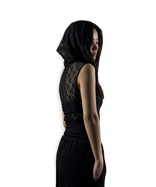 Lace sheer sleeveless hoodie