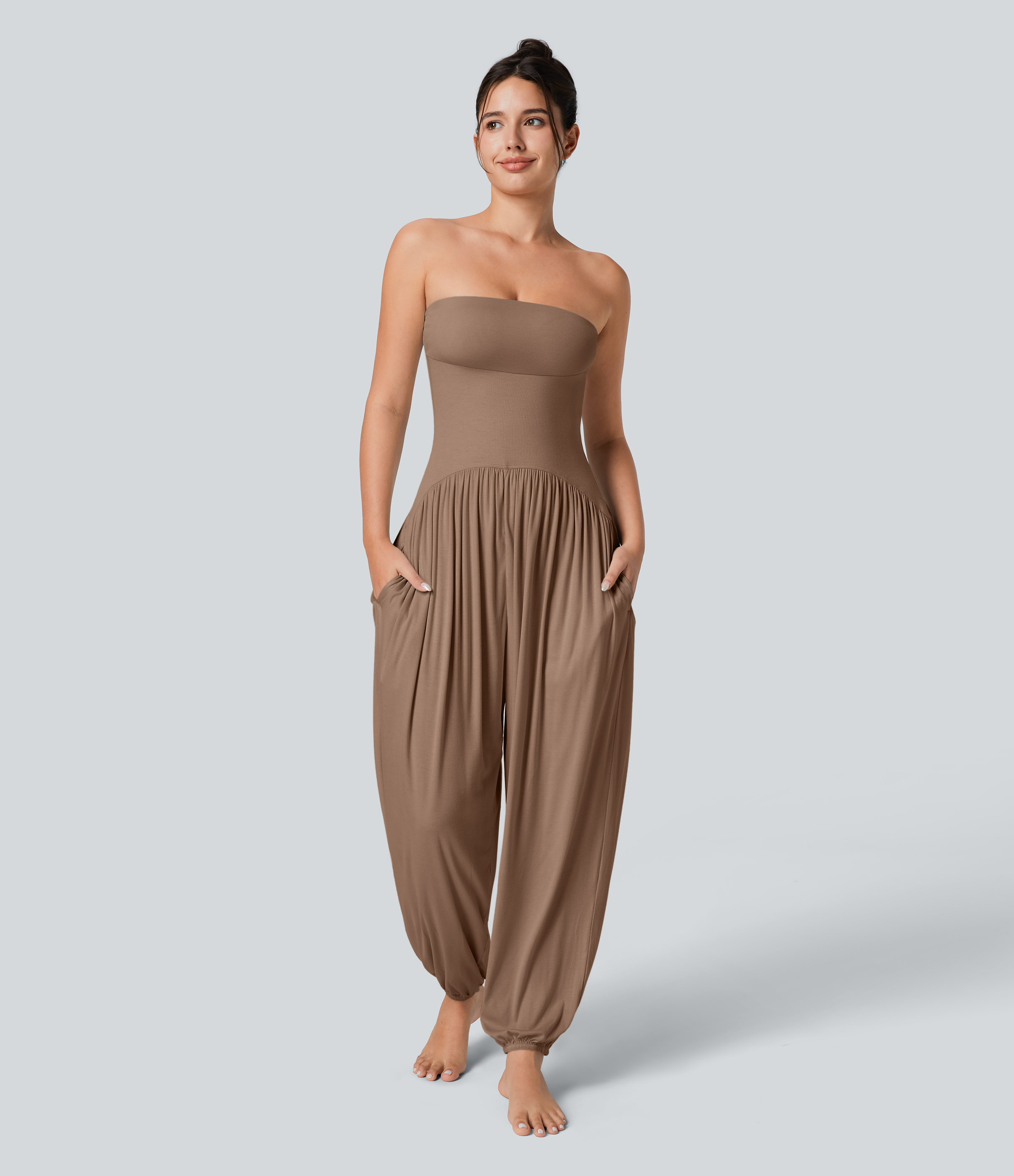 Ribbed Tube Backless Side Pocket Casual Jumpsuit  - Beaver Fur