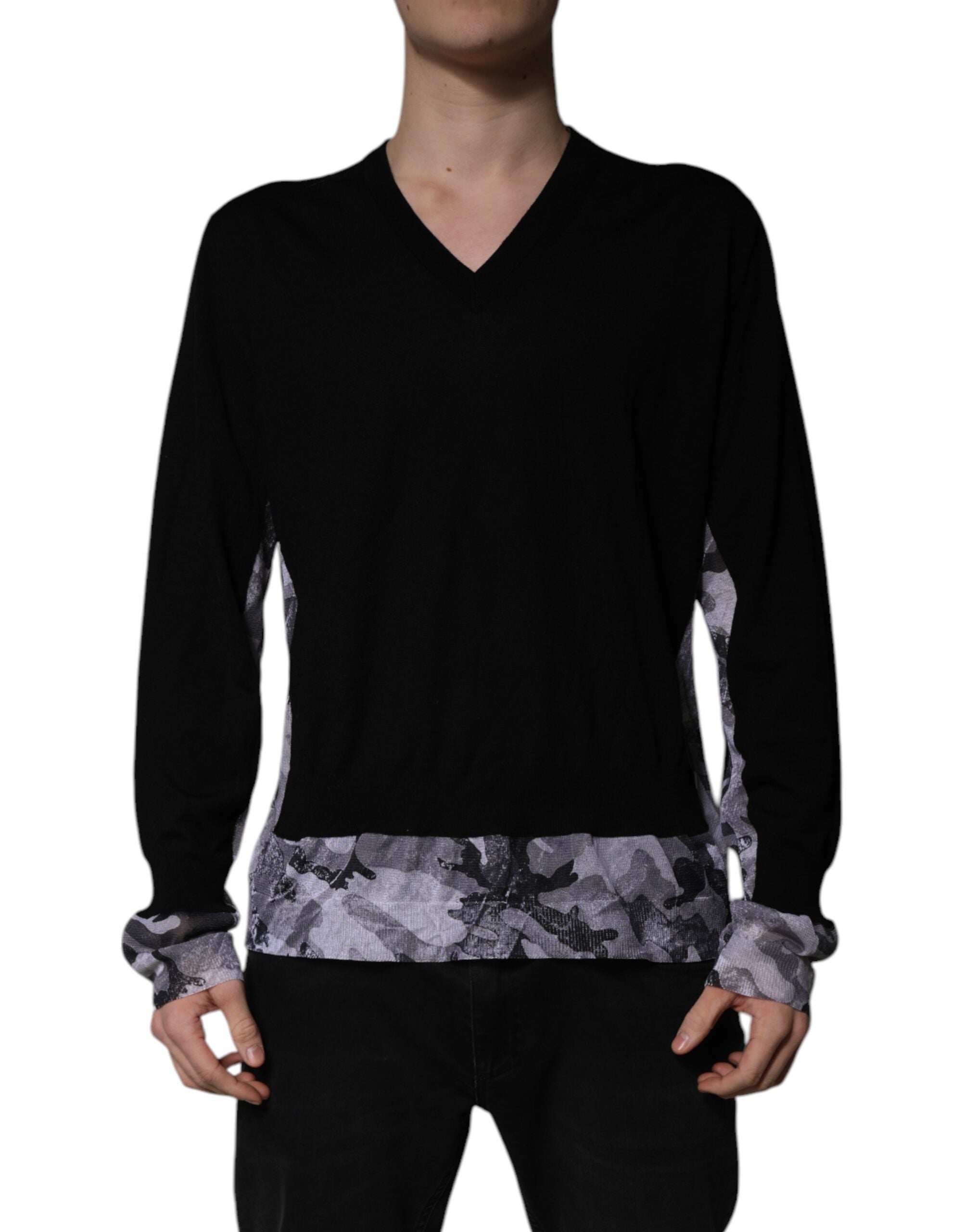Camouflage V-Neck Virgin Wool Sweater — Black