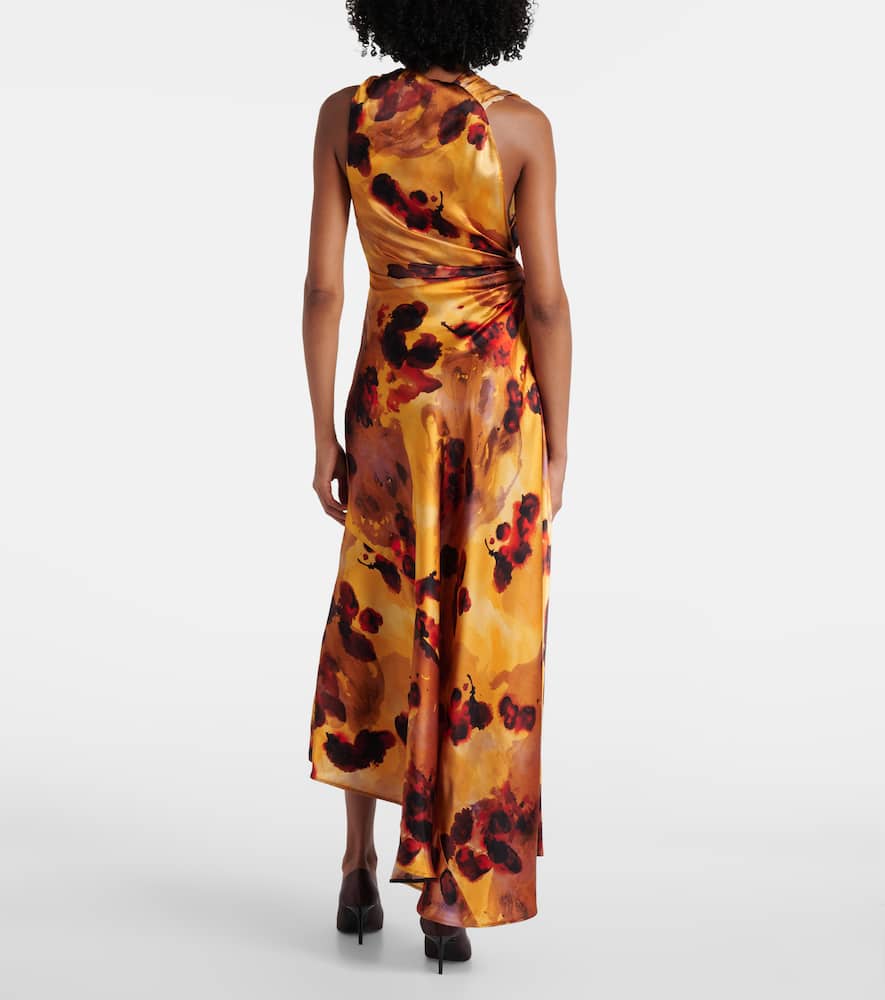 Gathered lace-trimmed silk satin gown