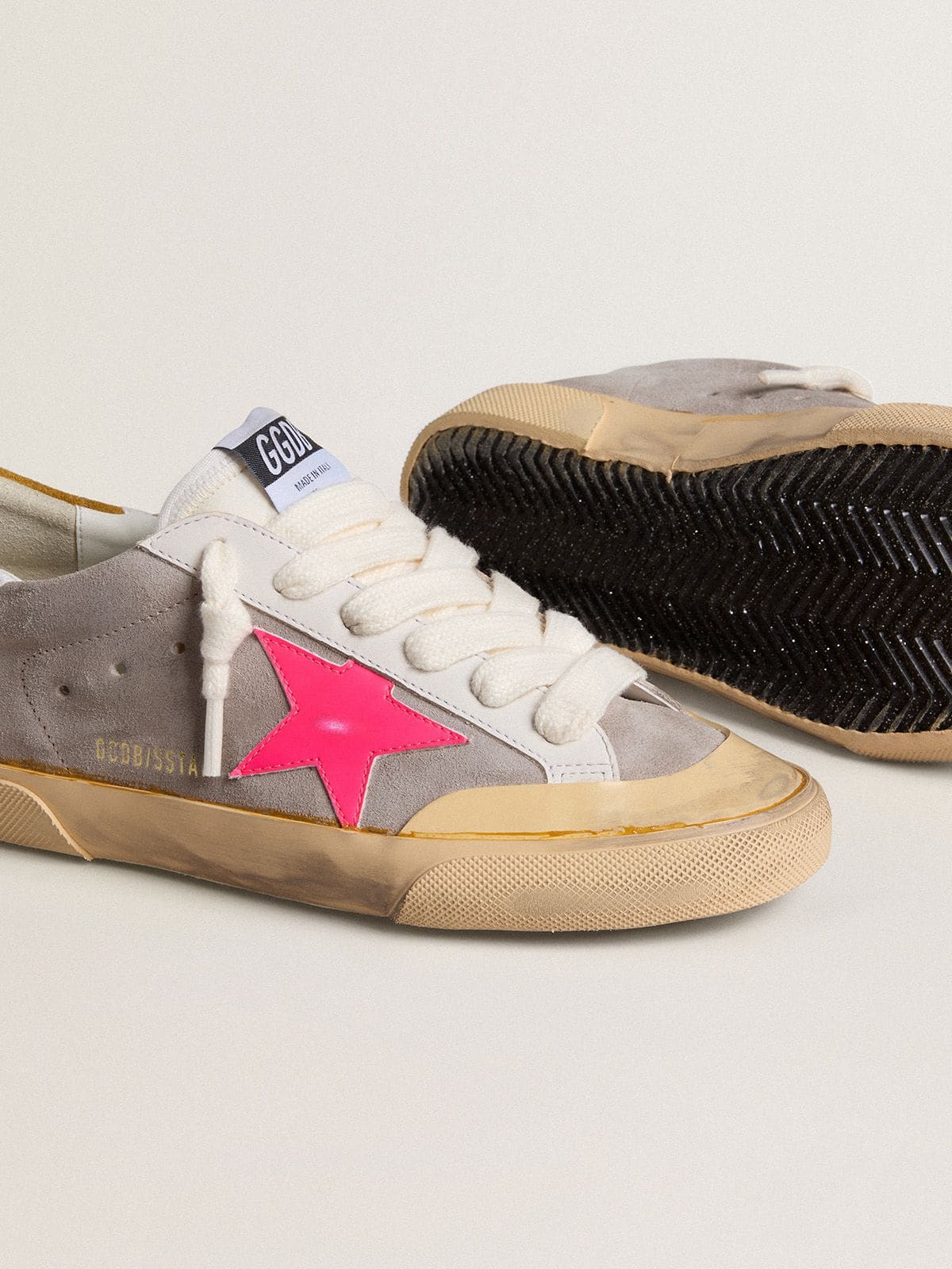 Golden Goose - Women's Super-star In Dove-gray Suede With Fuchsia Leather Star And Ocher Suede Heel Tab, Woman