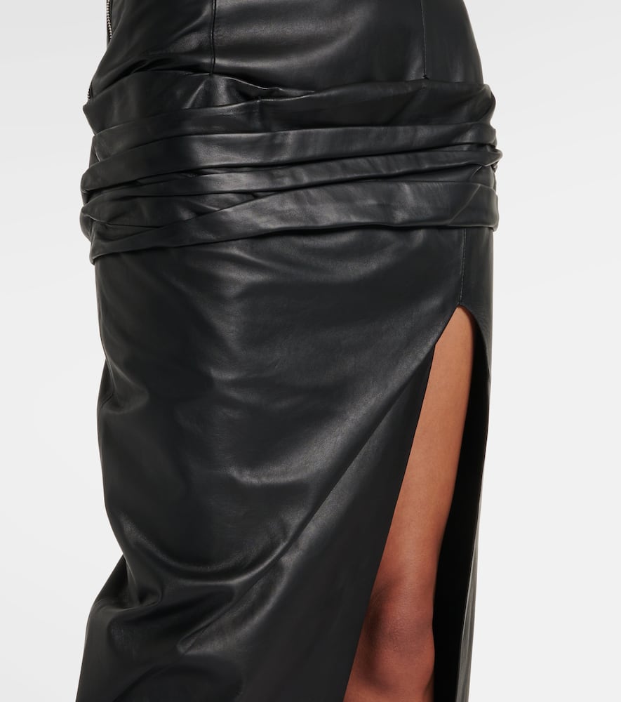 Draped strapless leather midi dress